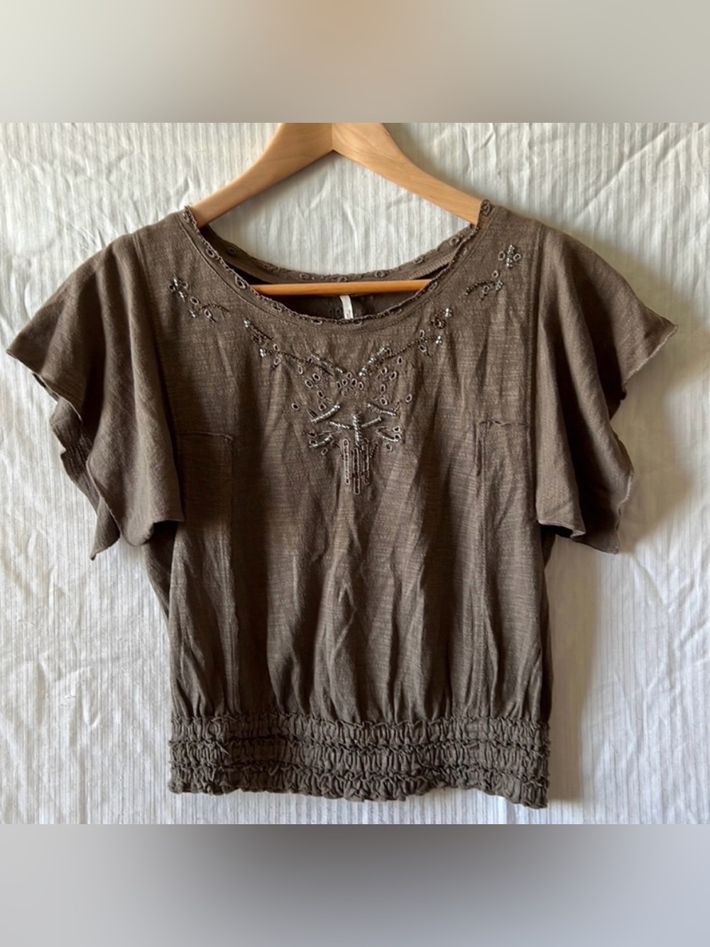 Free People Brown Embellished Flutter Sleeve Blouse
